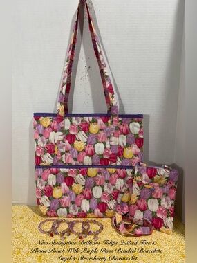 BRILLIANT PURPLE PINK YELLOW TULIPS QUILTED TOTE & PHONE POUCH WITH 4 BRACELETS
